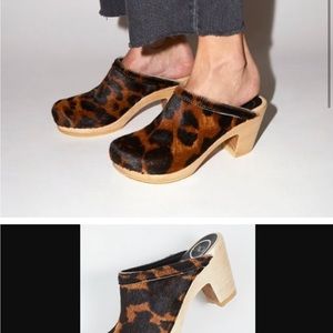 No.6 Old School Clog on High Heel Clogs - Leopard calf Hair - Size 38/sz 7